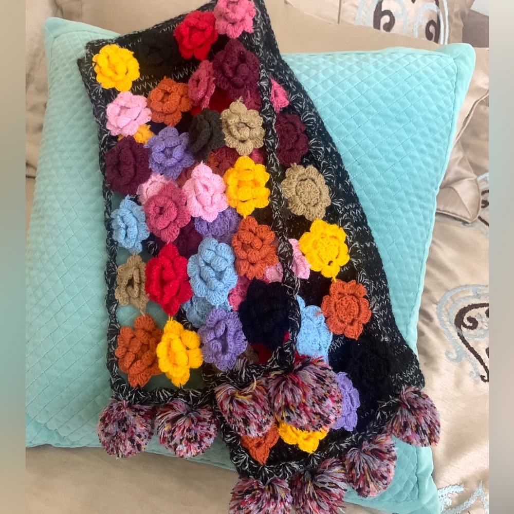 Anthro Rose Crocheted Flowers Knit Scarf with Pom Poms